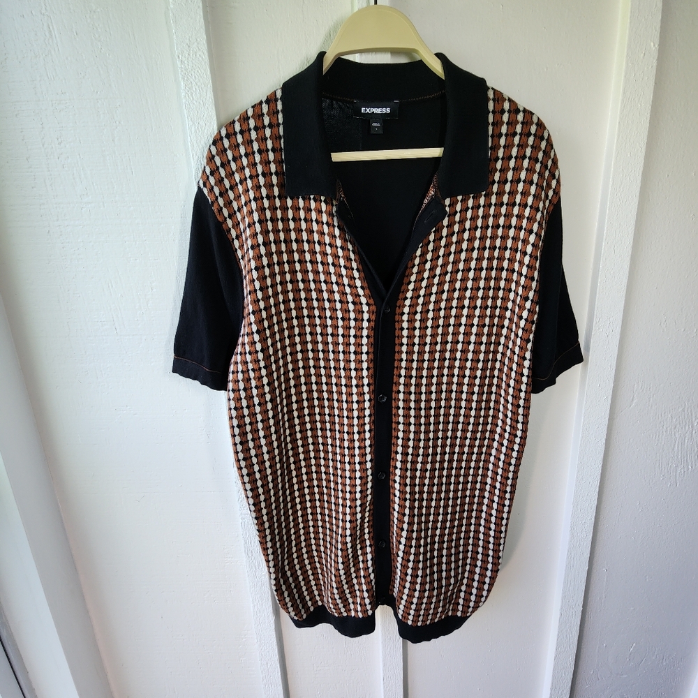 Express Geo Print Cotton Short Sleeve Sweater Polo Black Retro Size Large